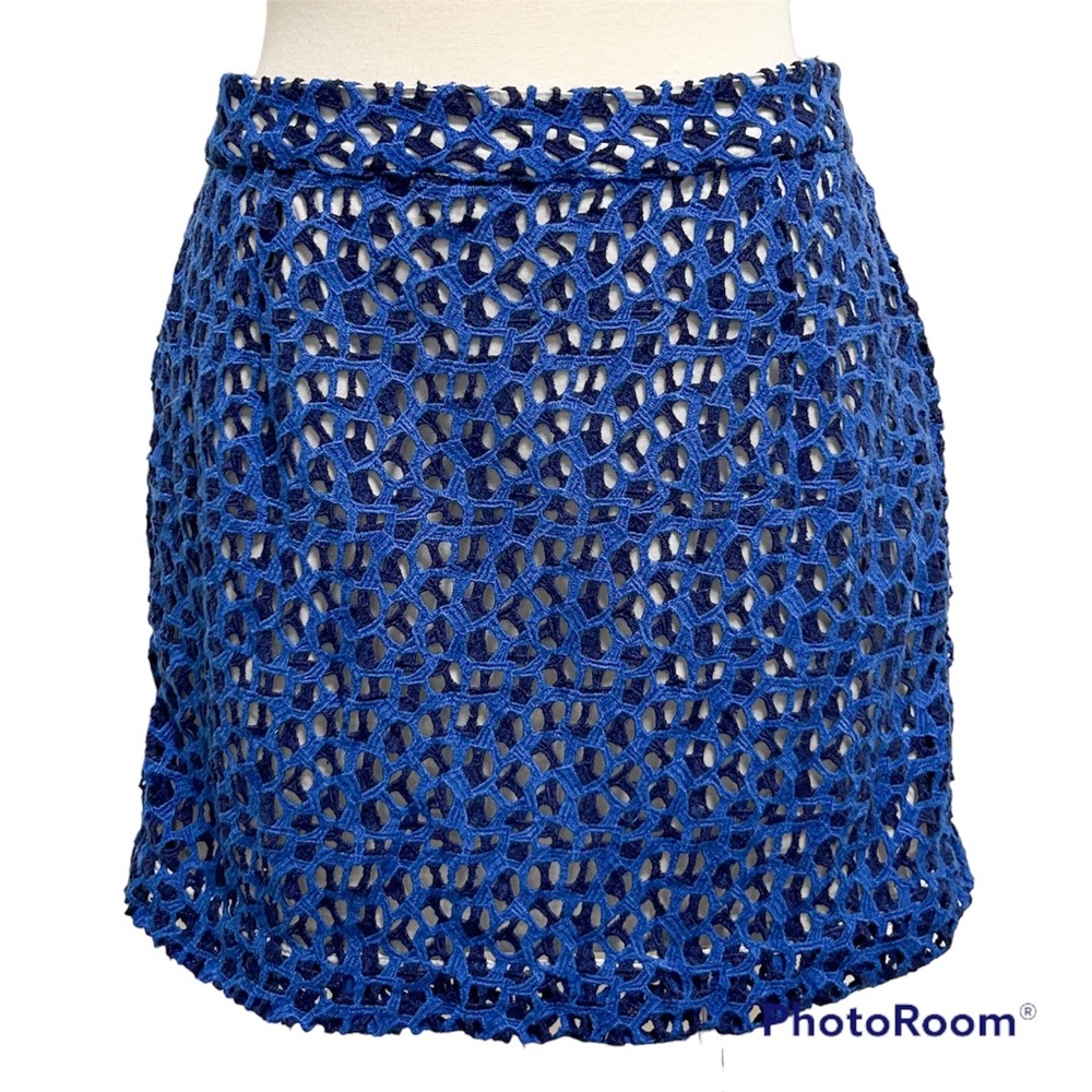 French Connection Fast Wilma Blue Indigo Crochet Lace Gray Lined Mini Skirt 12